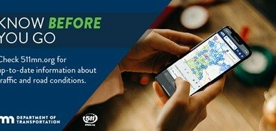 Hand held app shows road closures on map of Minnesota