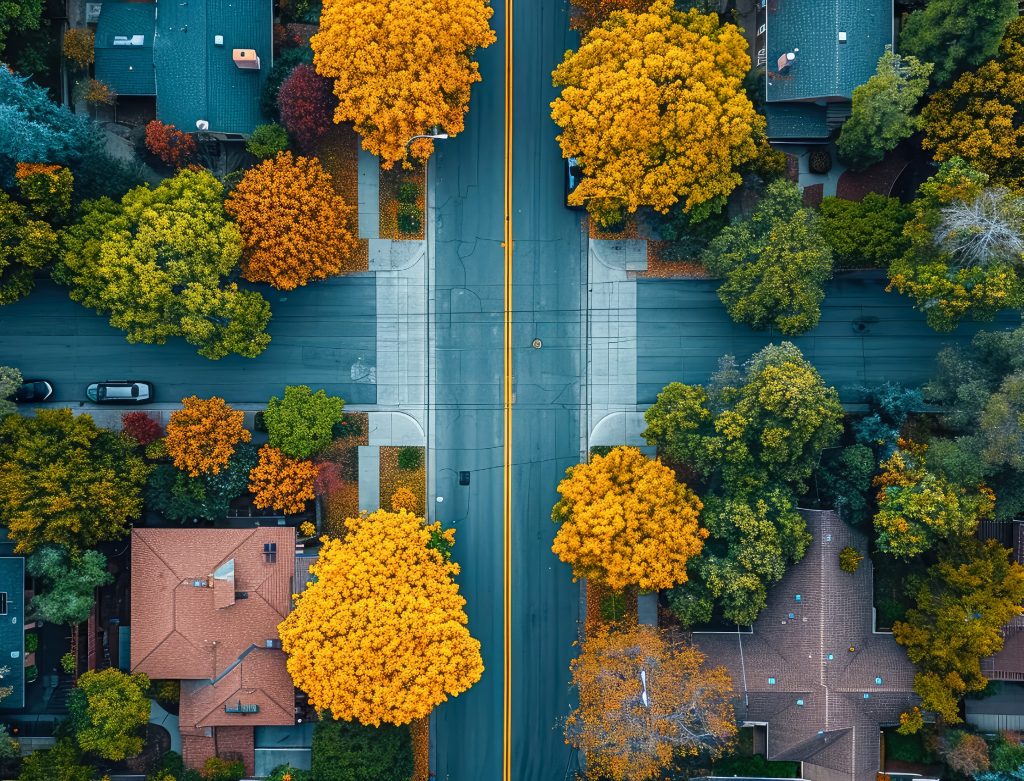 A residential street with trees along the boulevard.